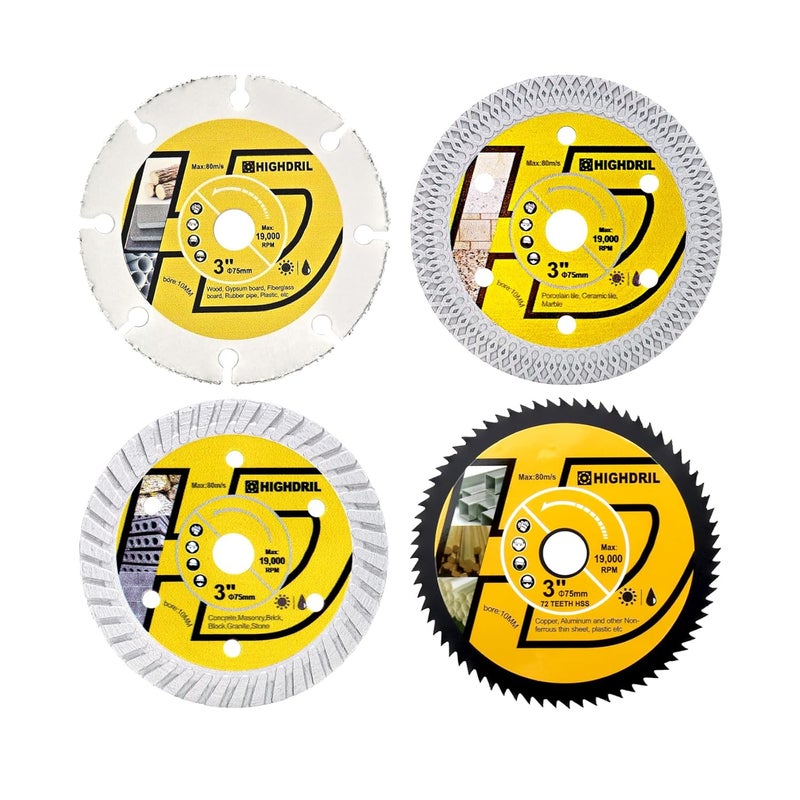HIGHDRIL 3" 75mm Circular Saw Blade Set 4pcs - Diamond/HSS/Carbide Cutting Disc for Angle Grinder Cutting Metal Tile Marble Granite Plastic Concrete Wood - Image 1